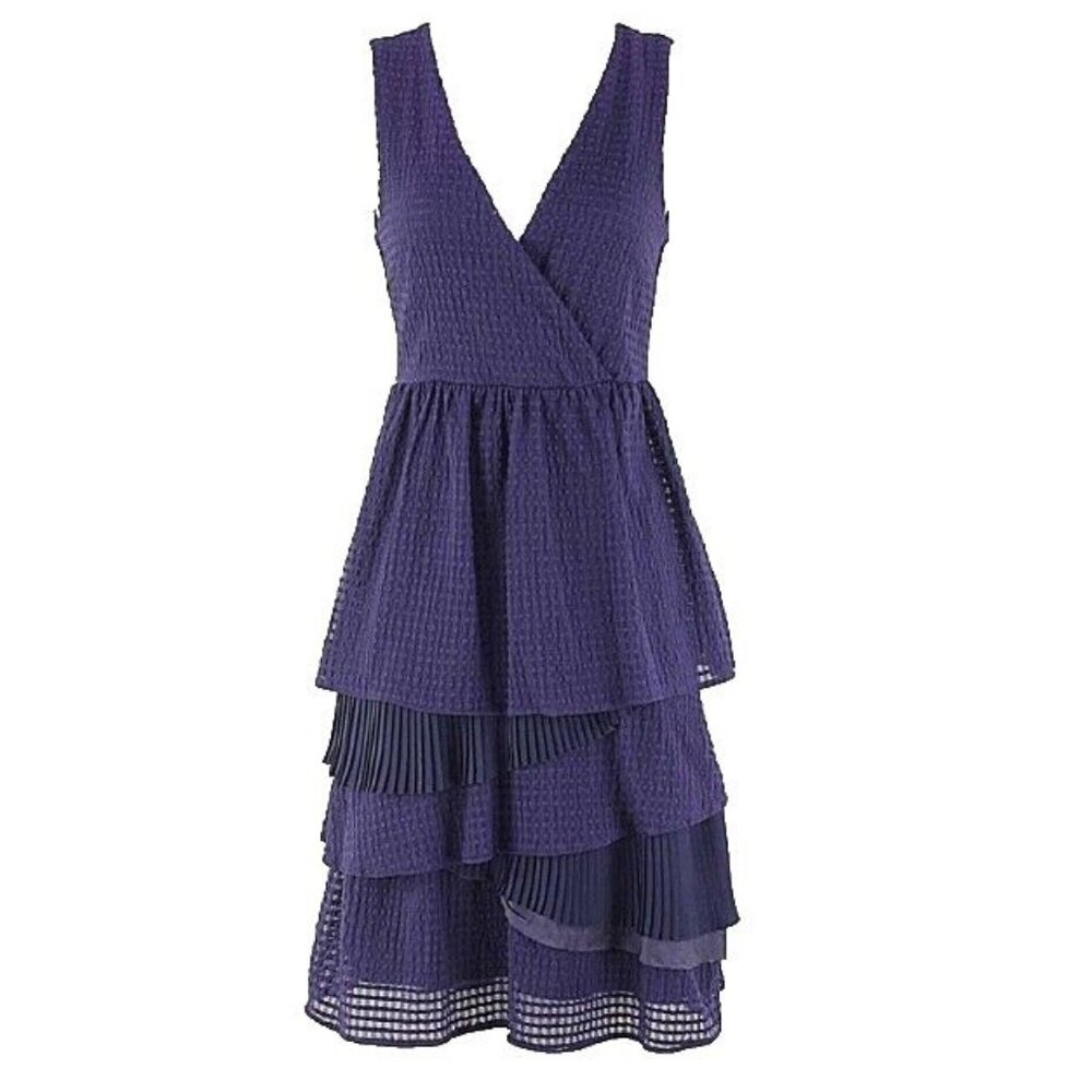 Ric Rac  Dress Sz XS Navy Blue Tiered Pleated V Neck Mesh Nylon Blend Dress